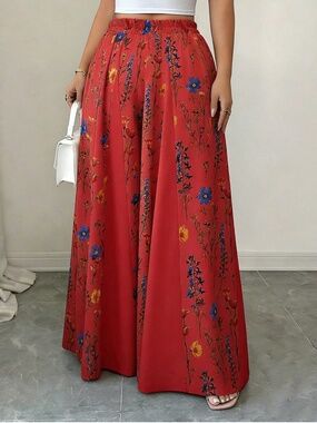 Boho Floral Print Stretchy Pants Wide Leg Flowy Pants